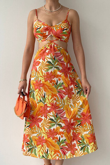 Orange Leaf Patterned Dress